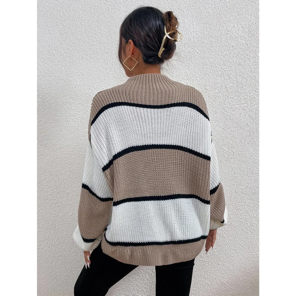 Color Block striped Mock Neck oversized Sweater tan white black - Picture 2 of 6